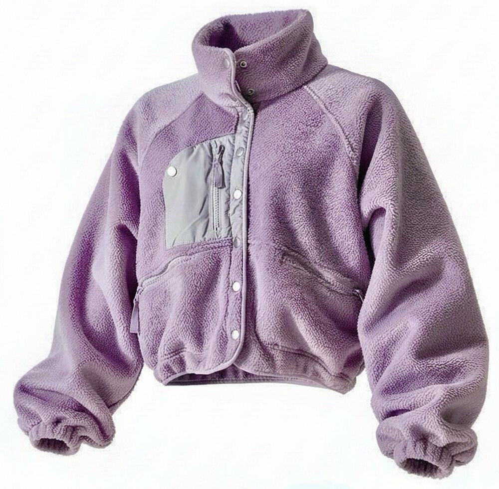 AE Studio Dee Elly Women’s Cropped Fleece Jacket Small Purple Sherpa Snap Front